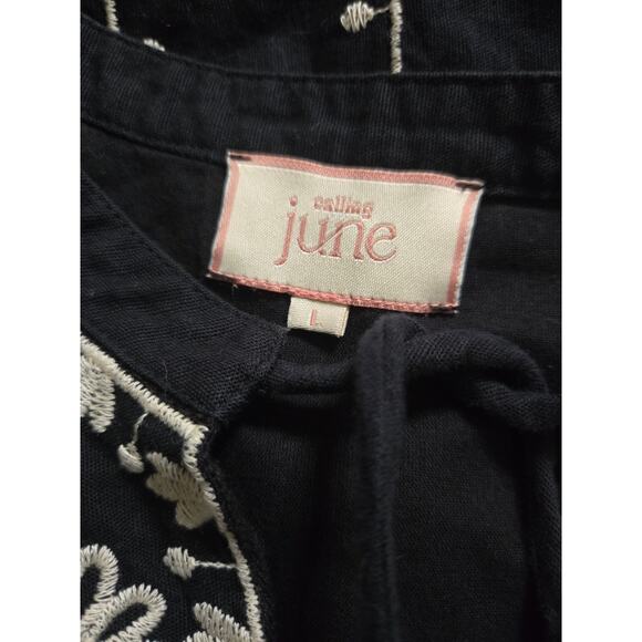 Calling June Embroidered Floral Black Dress LARGE Clean EUC Cotton/Linen - Picture 6 of 12